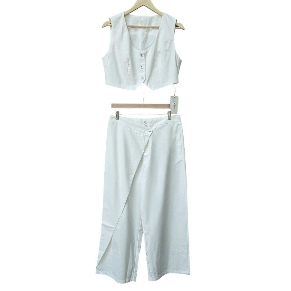 NWT Commense Womens 2-Piece Set L White Vest & Wide-Leg Pants Asymmetrical Front